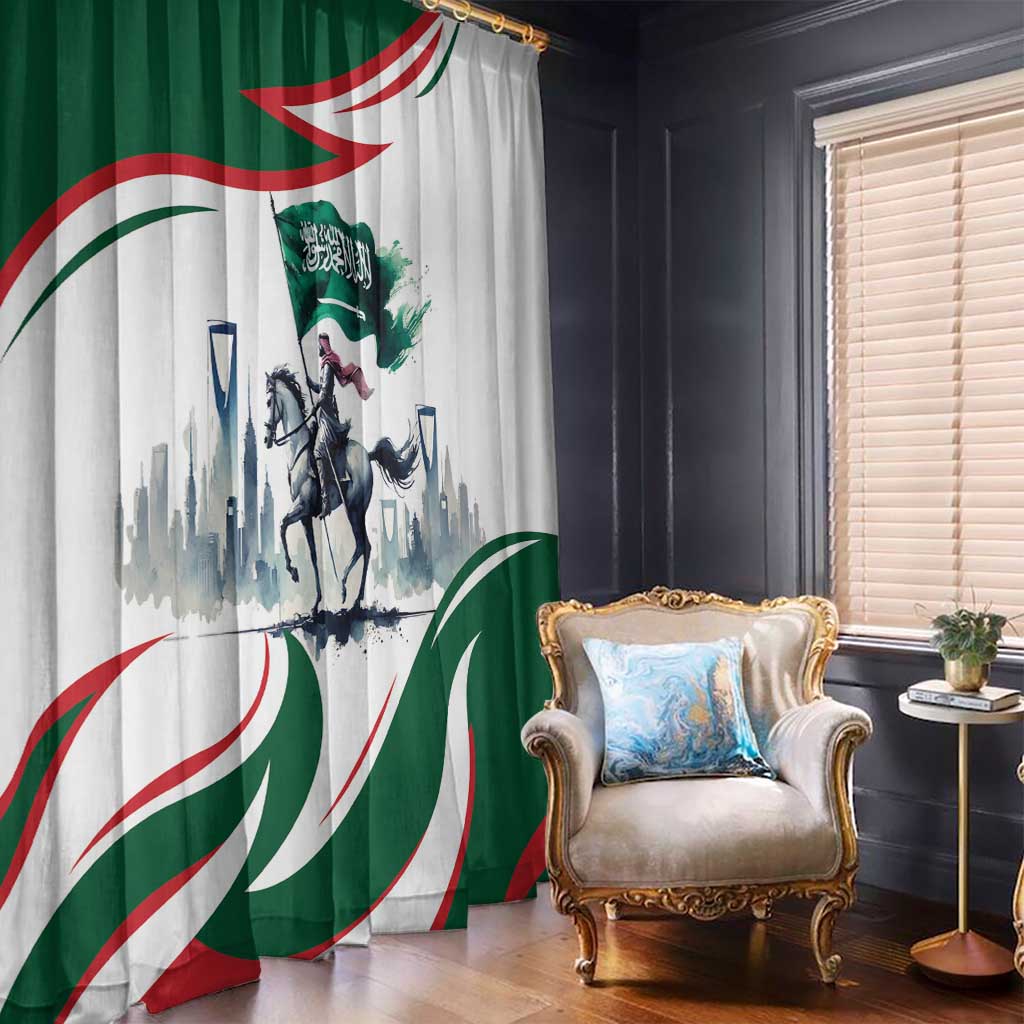 Green and white horse rider curtain panel with desert flag motif and mounted horse