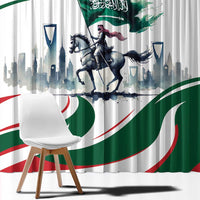 Close-up horse rider curtain fabric in green, white, red, and blue with detailed horse