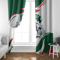 Green and white horse rider curtain with gathered fabric top and red-green stripe pattern