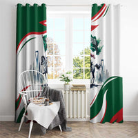 Green and white horse rider window curtains with red-green arcs and central skyline