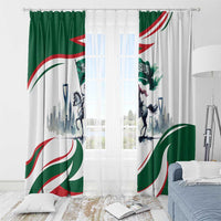 Green and white horse rider blackout-style window curtain panels with red-green accents