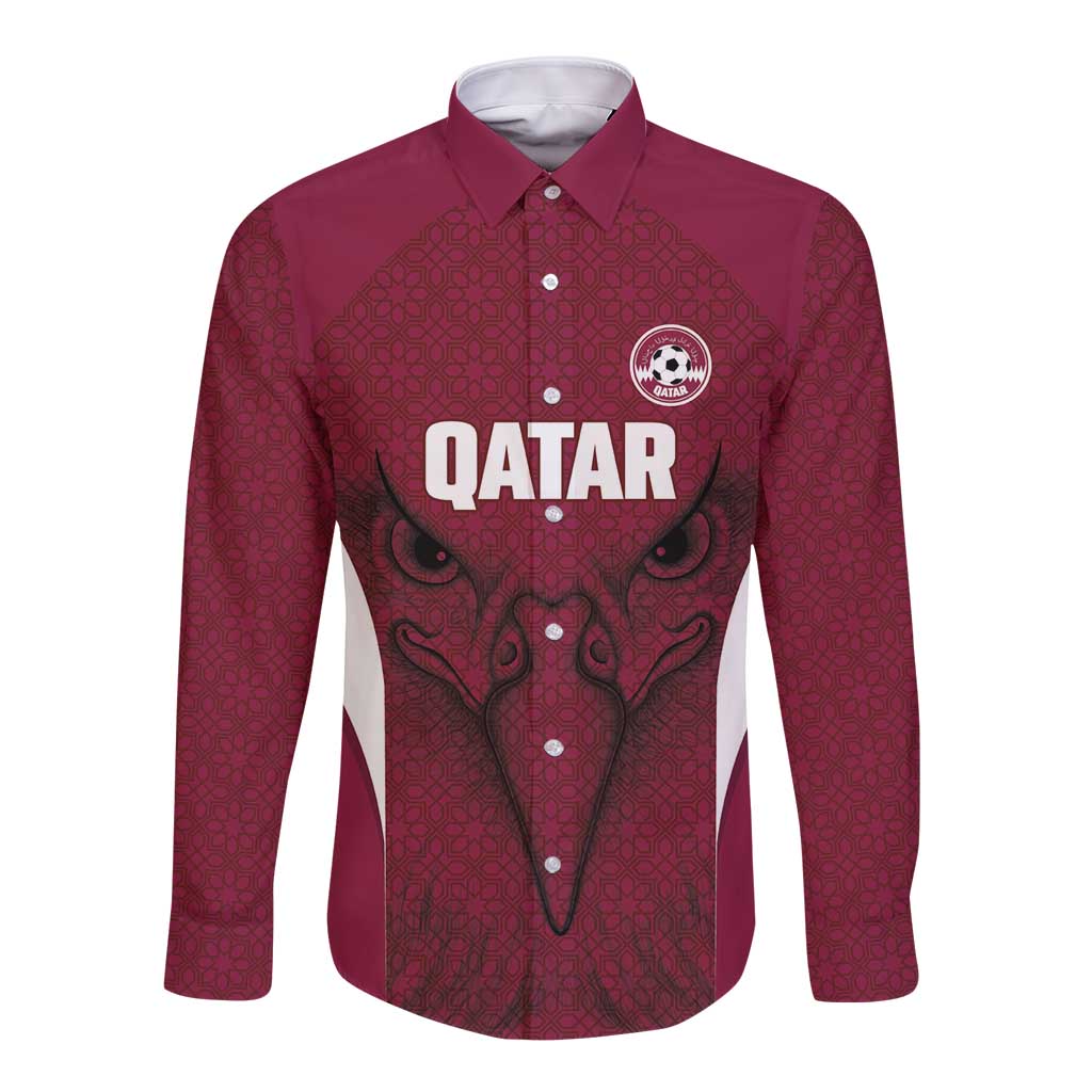 Custom Qatar Football Long Sleeve Button Shirt Maroon Falcon Spirit Red Version - Wonder Print Shop