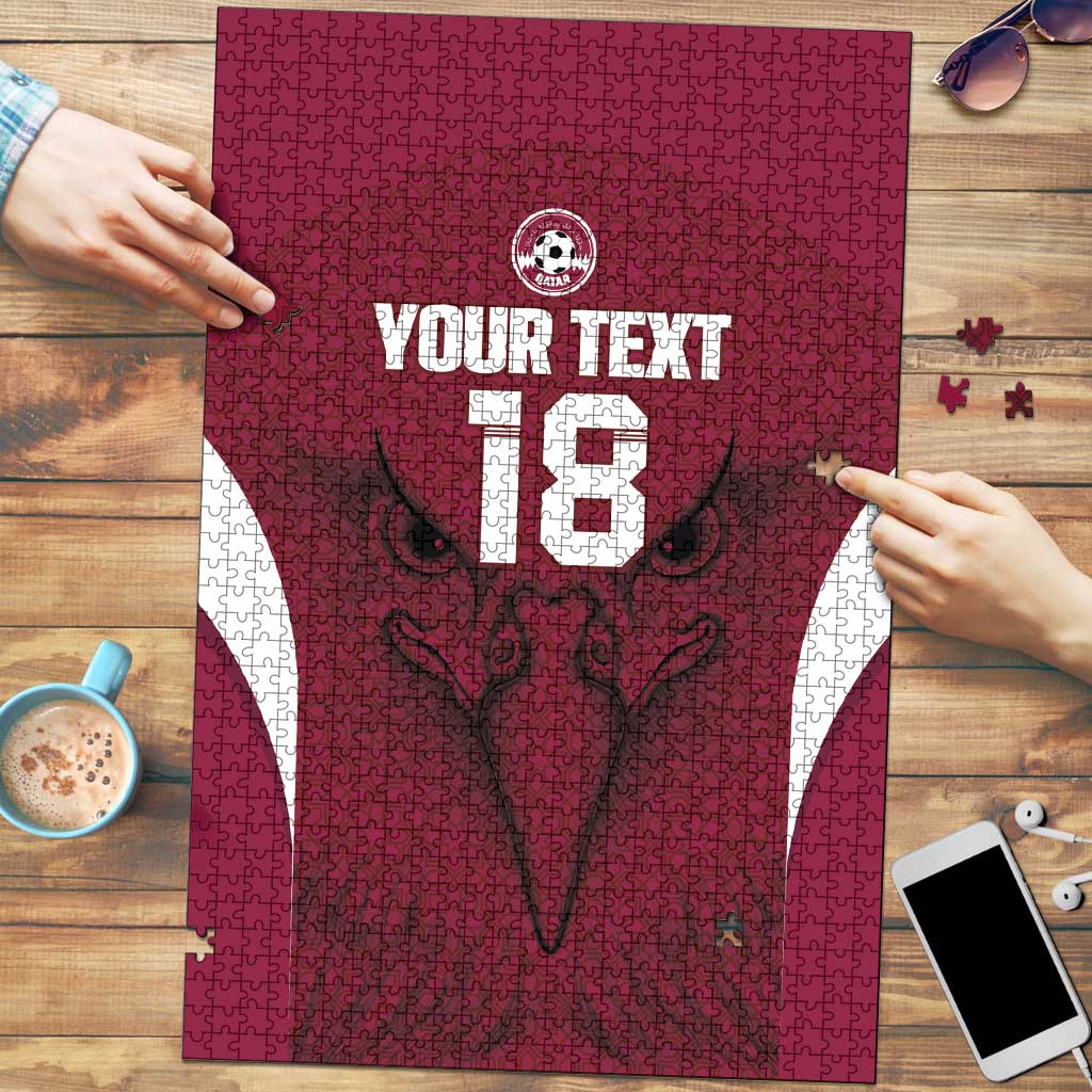 Custom Qatar Football Puzzle Maroon Falcon Spirit Red Version - Wonder Print Shop