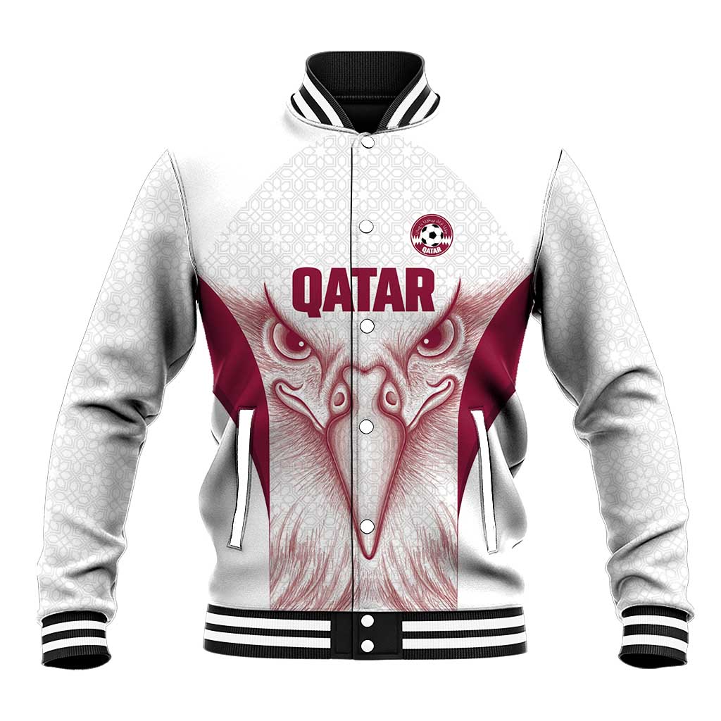 Custom Qatar Football Baseball Jacket Maroon Falcon Spirit White Version - Wonder Print Shop