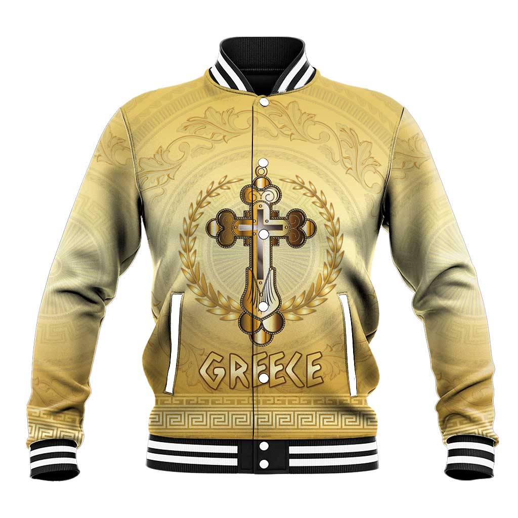 Greece Orthodox Cross Baseball Jacket Ancient Greek Key Gold Heritage