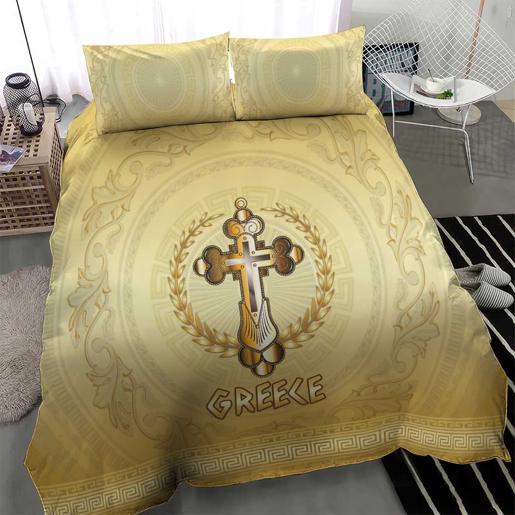 Greece Orthodox Cross Bedding Set Ancient Greek Key Gold Heritage
