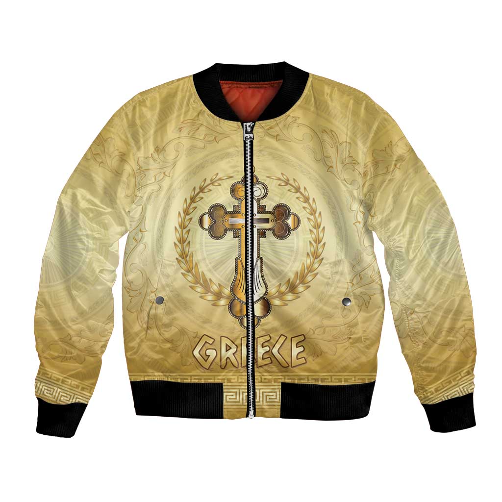 Greece Orthodox Cross Bomber Jacket Ancient Greek Key Gold Heritage