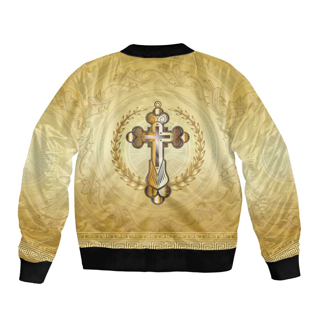 Greece Orthodox Cross Bomber Jacket Ancient Greek Key Gold Heritage