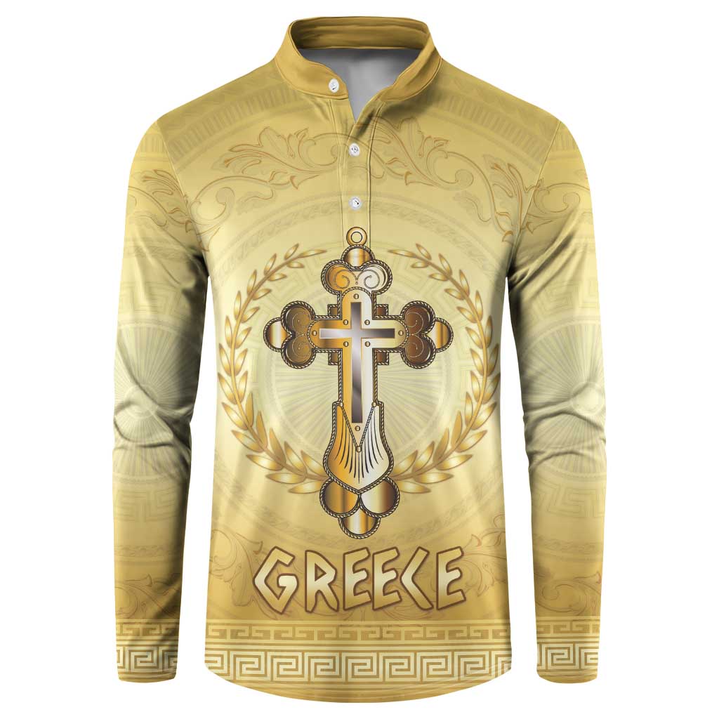 Greece Orthodox Cross Button Sweatshirt Ancient Greek Key Gold Heritage