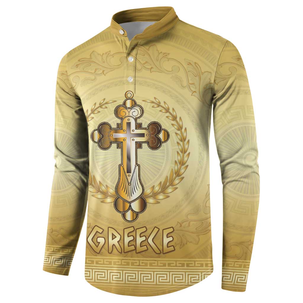 Greece Orthodox Cross Button Sweatshirt Ancient Greek Key Gold Heritage