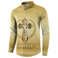 Greece Orthodox Cross Button Sweatshirt Ancient Greek Key Gold Heritage