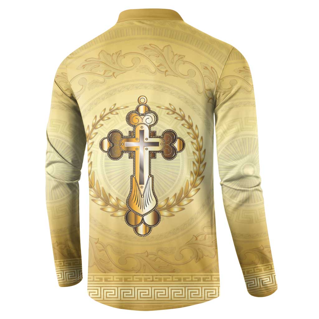 Greece Orthodox Cross Button Sweatshirt Ancient Greek Key Gold Heritage