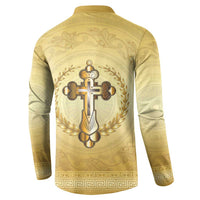 Greece Orthodox Cross Button Sweatshirt Ancient Greek Key Gold Heritage
