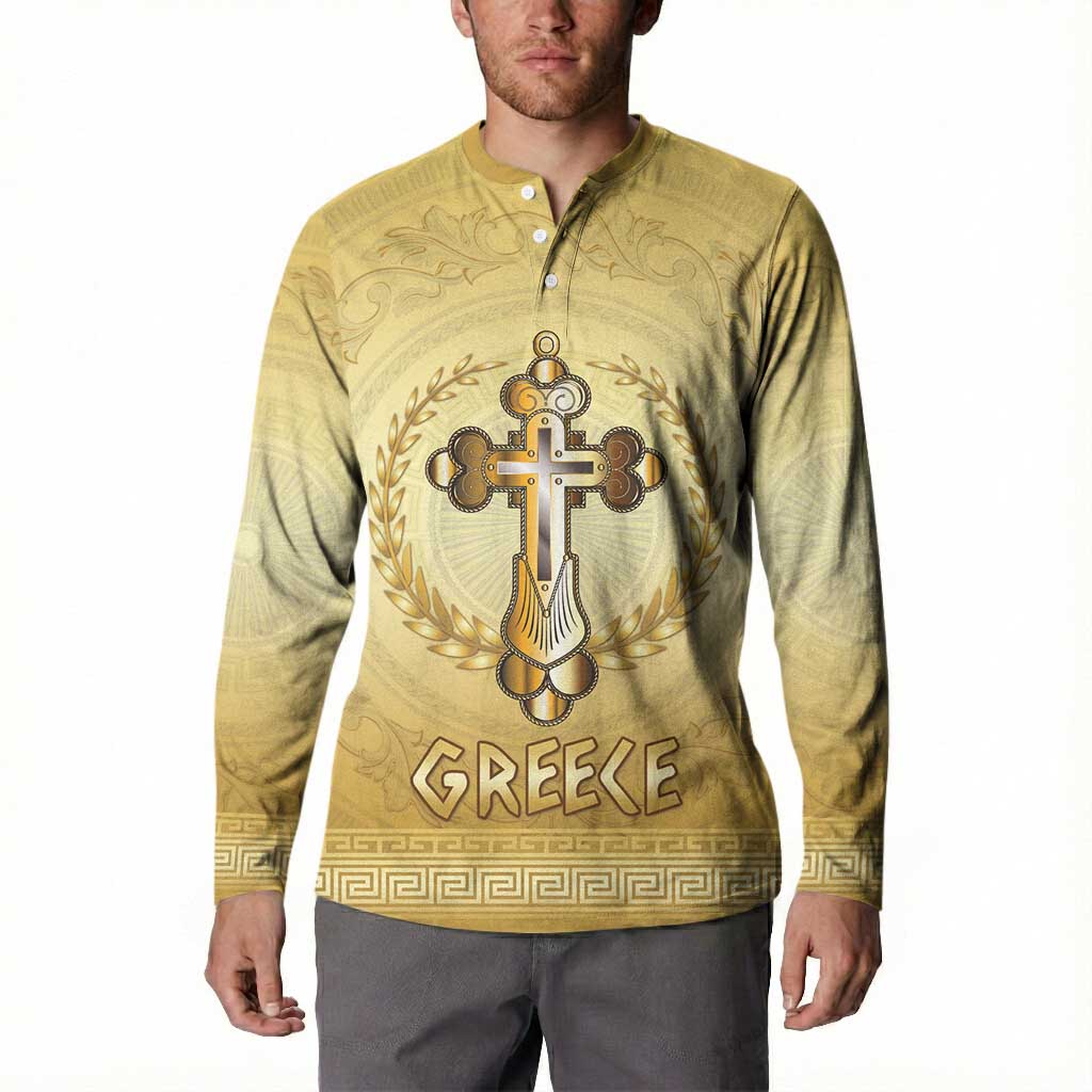 Greece Orthodox Cross Button Sweatshirt Ancient Greek Key Gold Heritage