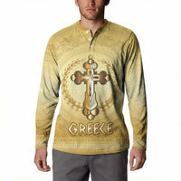 Greece Orthodox Cross Button Sweatshirt Ancient Greek Key Gold Heritage