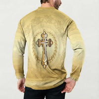 Greece Orthodox Cross Button Sweatshirt Ancient Greek Key Gold Heritage