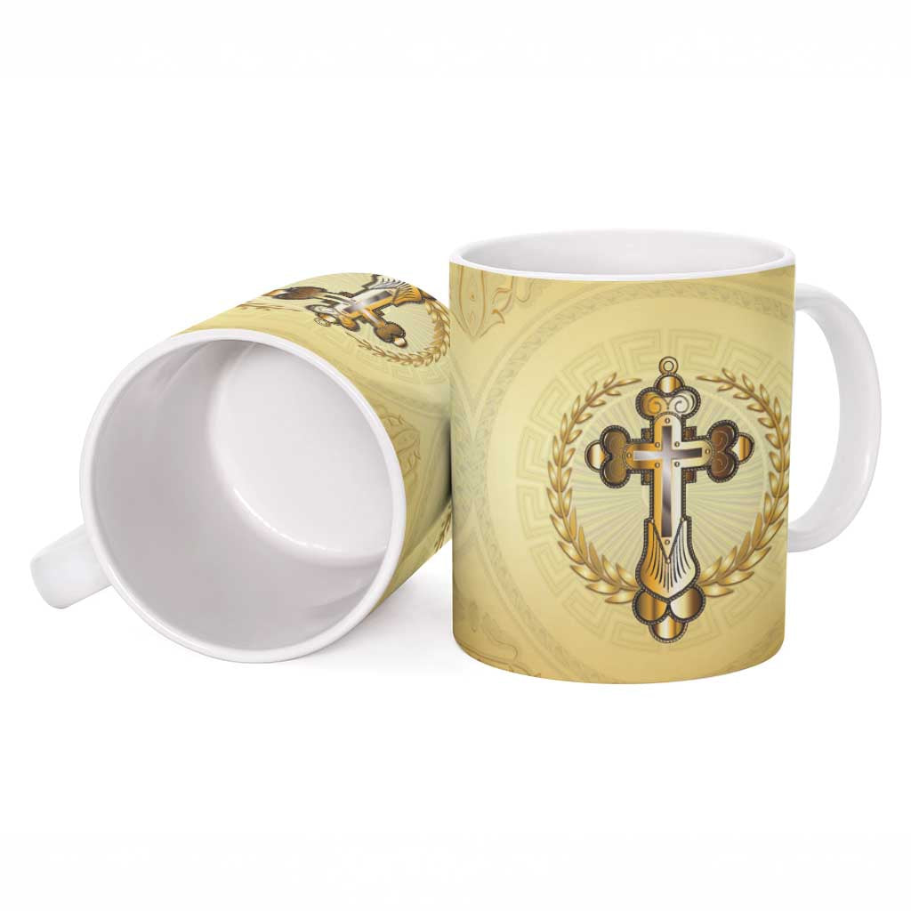 Greece Orthodox Cross Ceramic Mug Ancient Greek Key Gold Heritage