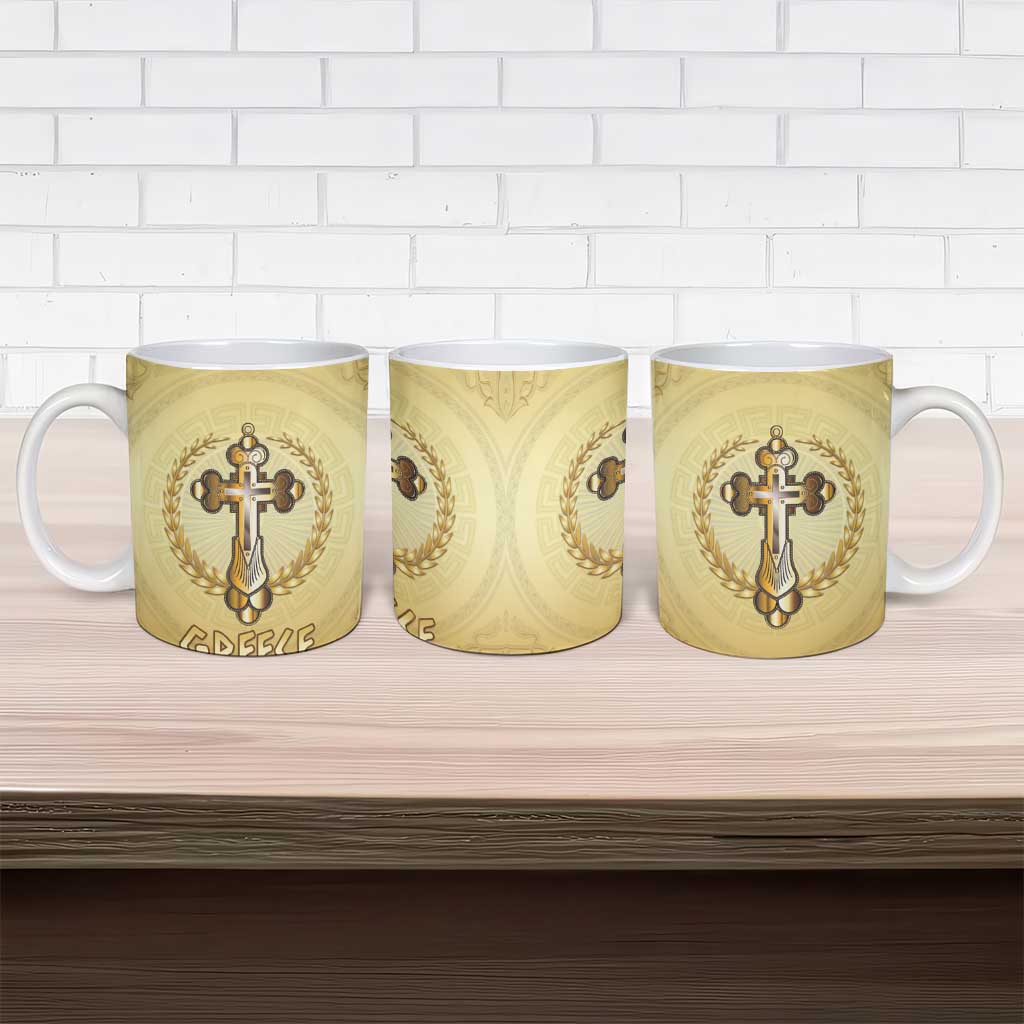 Greece Orthodox Cross Ceramic Mug Ancient Greek Key Gold Heritage