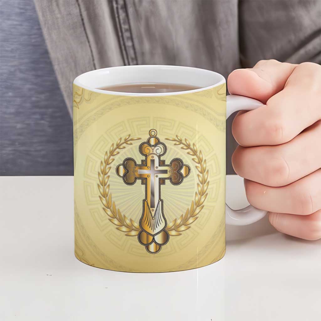 Greece Orthodox Cross Ceramic Mug Ancient Greek Key Gold Heritage