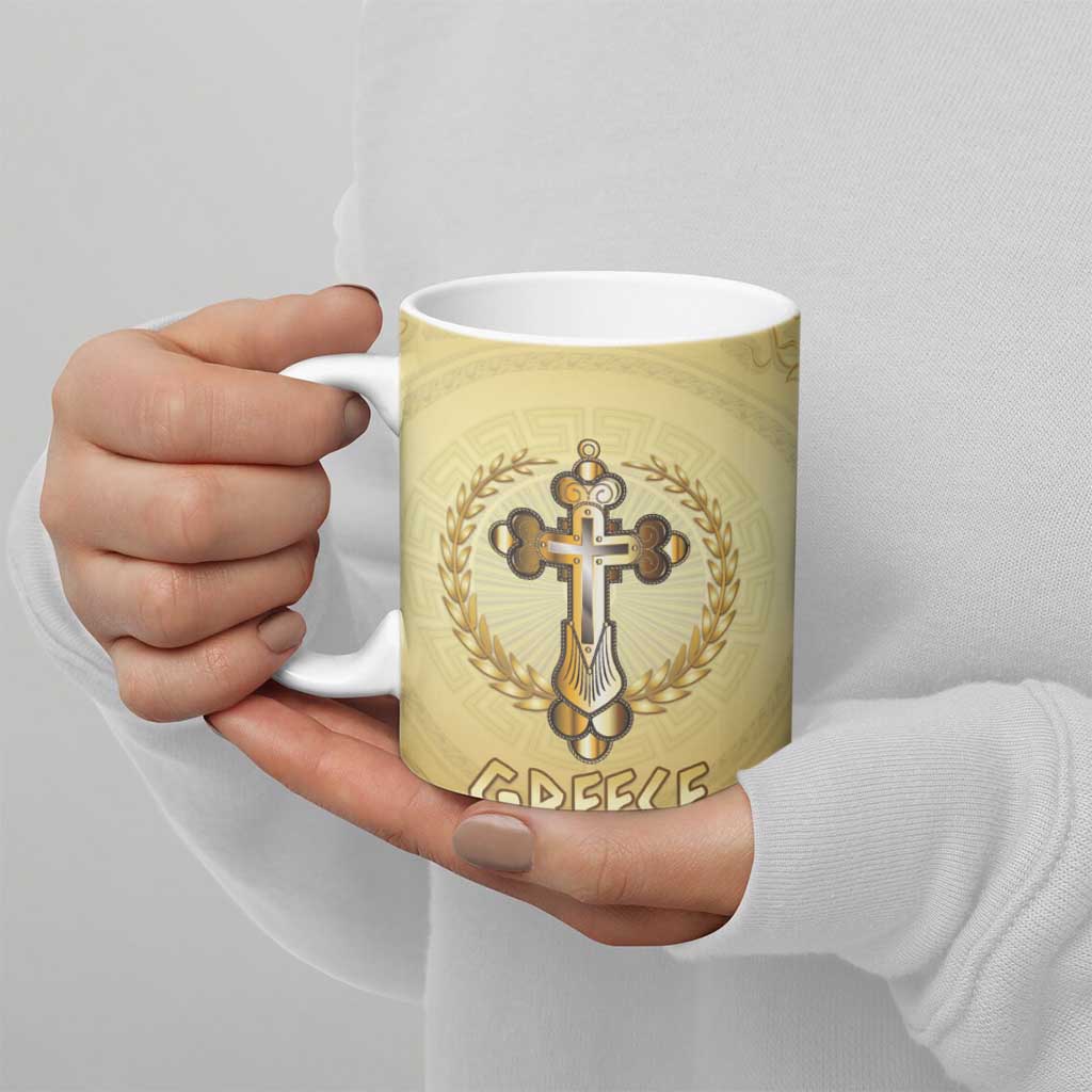Greece Orthodox Cross Ceramic Mug Ancient Greek Key Gold Heritage