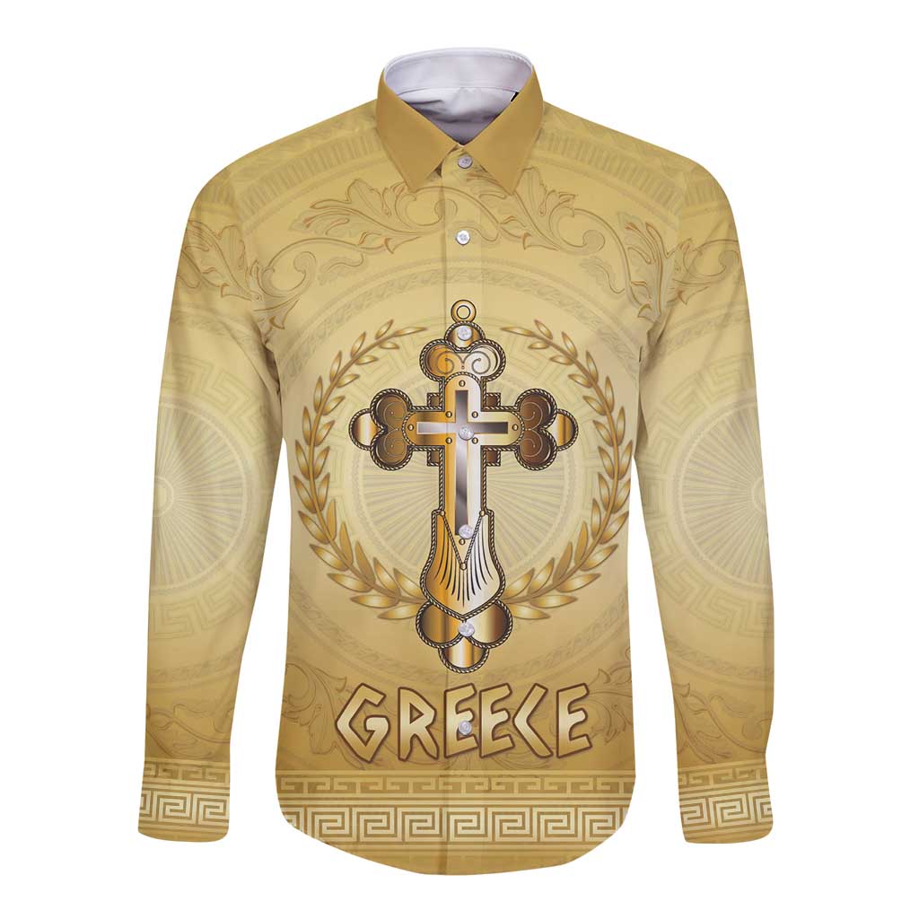 Greece Orthodox Cross Long Sleeve Button Shirt Ancient Greek Key Gold Heritage