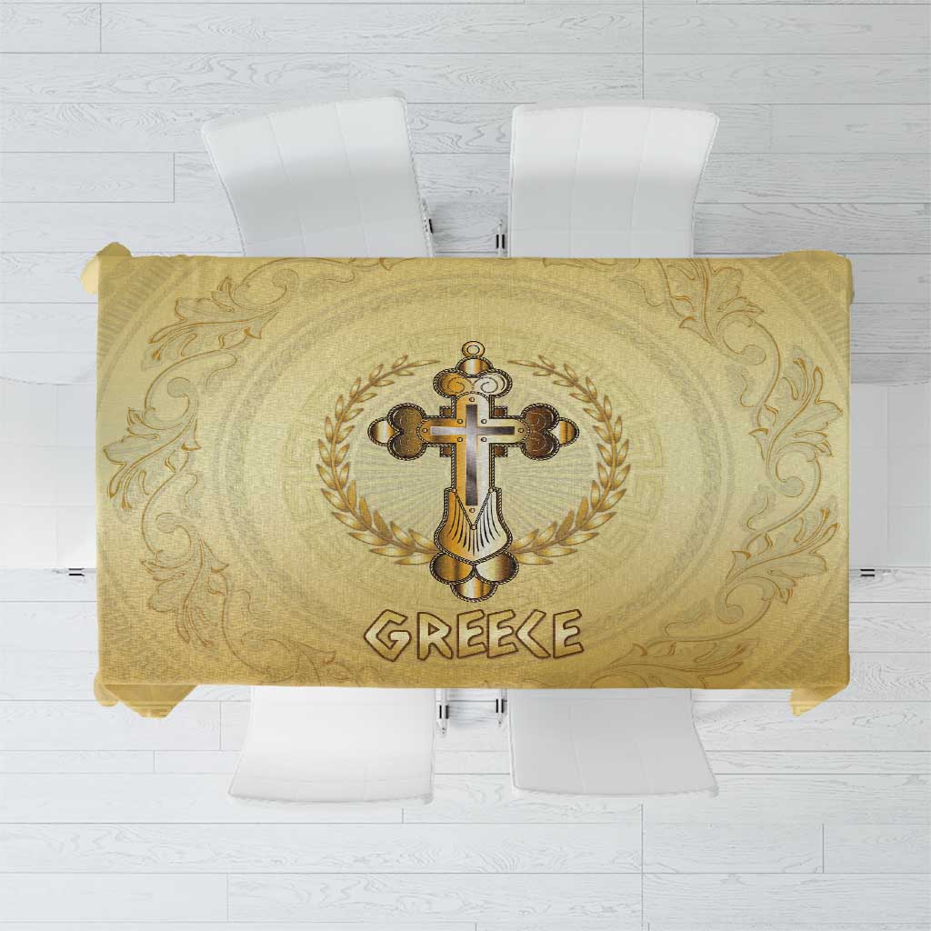 Greece Orthodox Cross Tablecloth Ancient Greek Key Gold Heritage