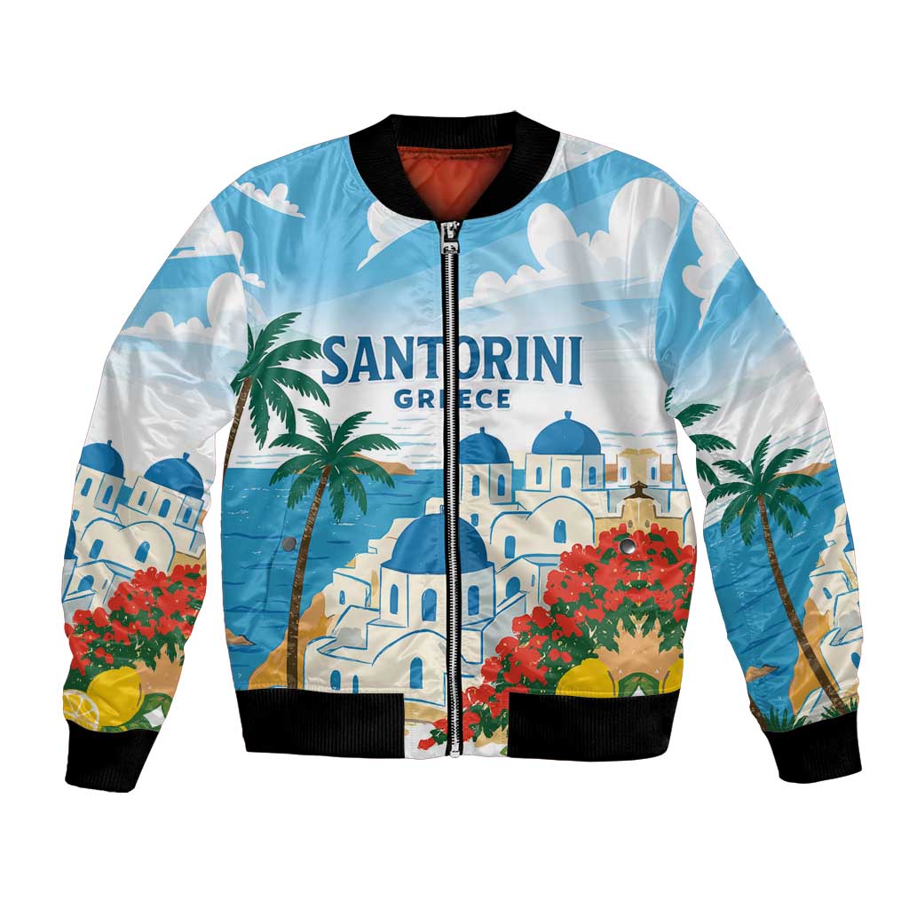 Greece Santorini Personalized Bomber Jacket Greek Island Blue Dome Architecture Art