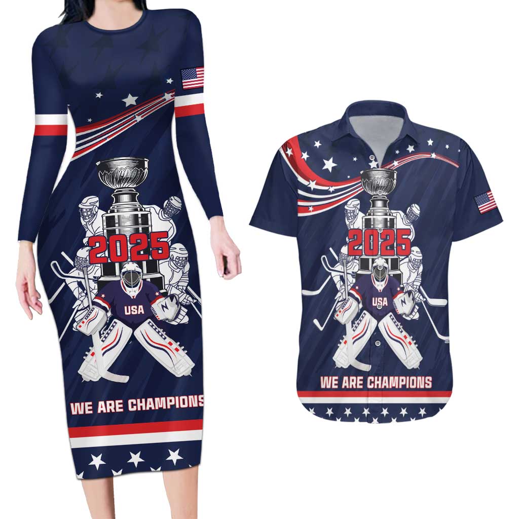 United States Ice Hockey Couples Matching Long Sleeve Bodycon Dress and Hawaiian Shirt USA We Are Champions 2025