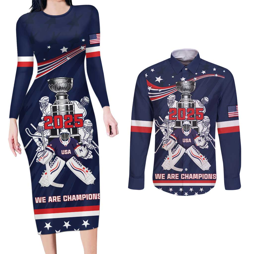 United States Ice Hockey Couples Matching Long Sleeve Bodycon Dress and Long Sleeve Button Shirt USA We Are Champions 2025