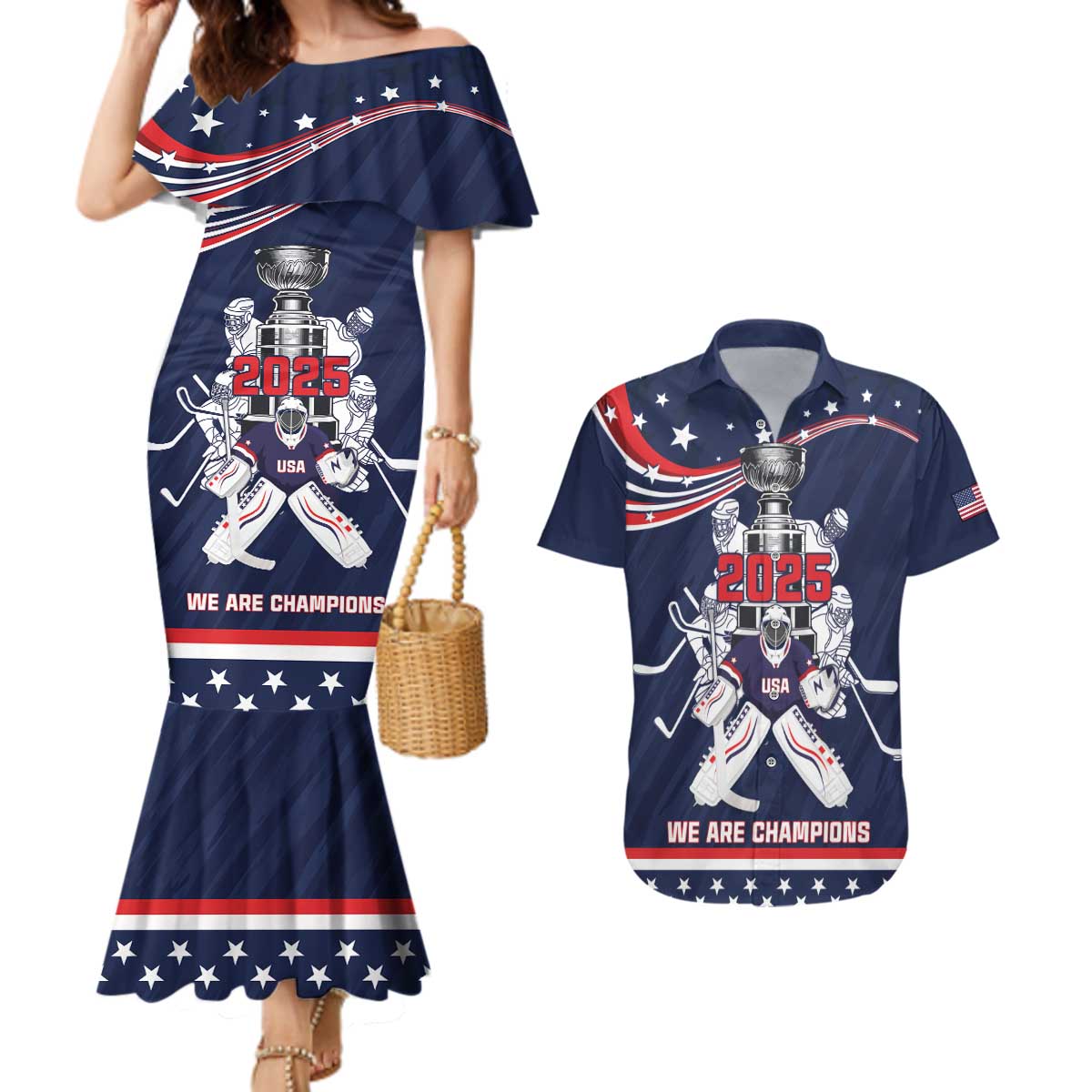 United States Ice Hockey Couples Matching Mermaid Dress and Hawaiian Shirt USA We Are Champions 2025