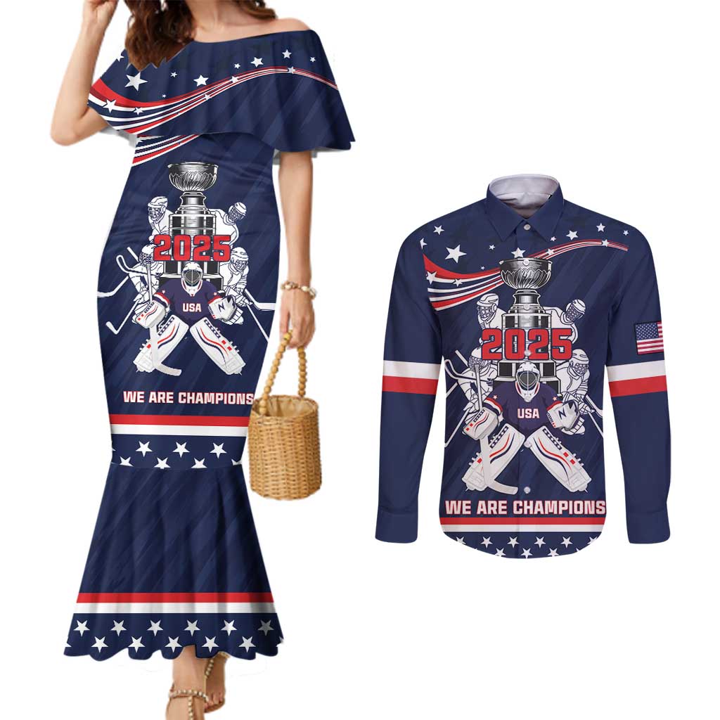 United States Ice Hockey Couples Matching Mermaid Dress and Long Sleeve Button Shirt USA We Are Champions 2025