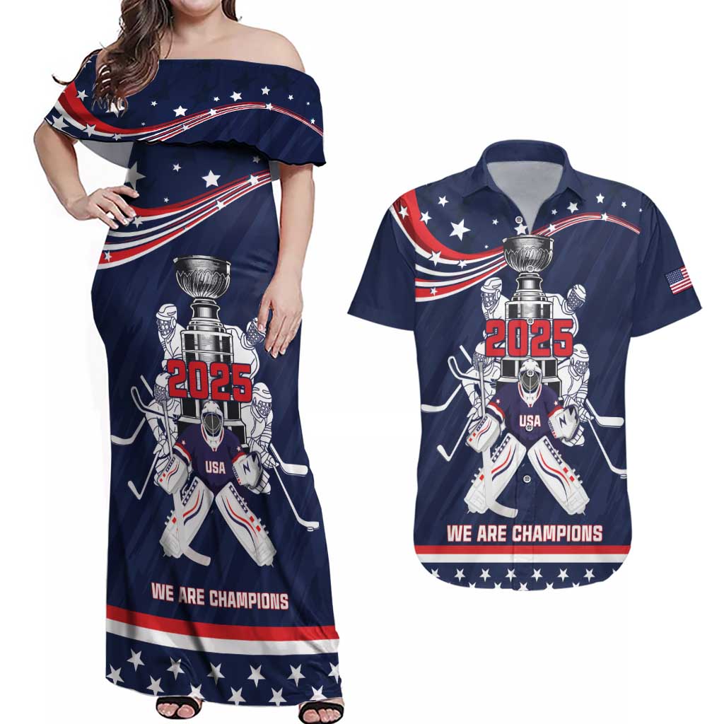 United States Ice Hockey Couples Matching Off Shoulder Maxi Dress and Hawaiian Shirt USA We Are Champions 2025