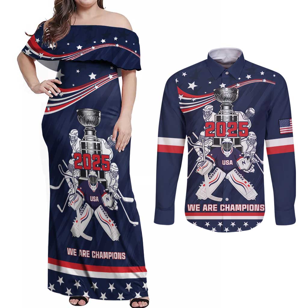 United States Ice Hockey Couples Matching Off Shoulder Maxi Dress and Long Sleeve Button Shirt USA We Are Champions 2025