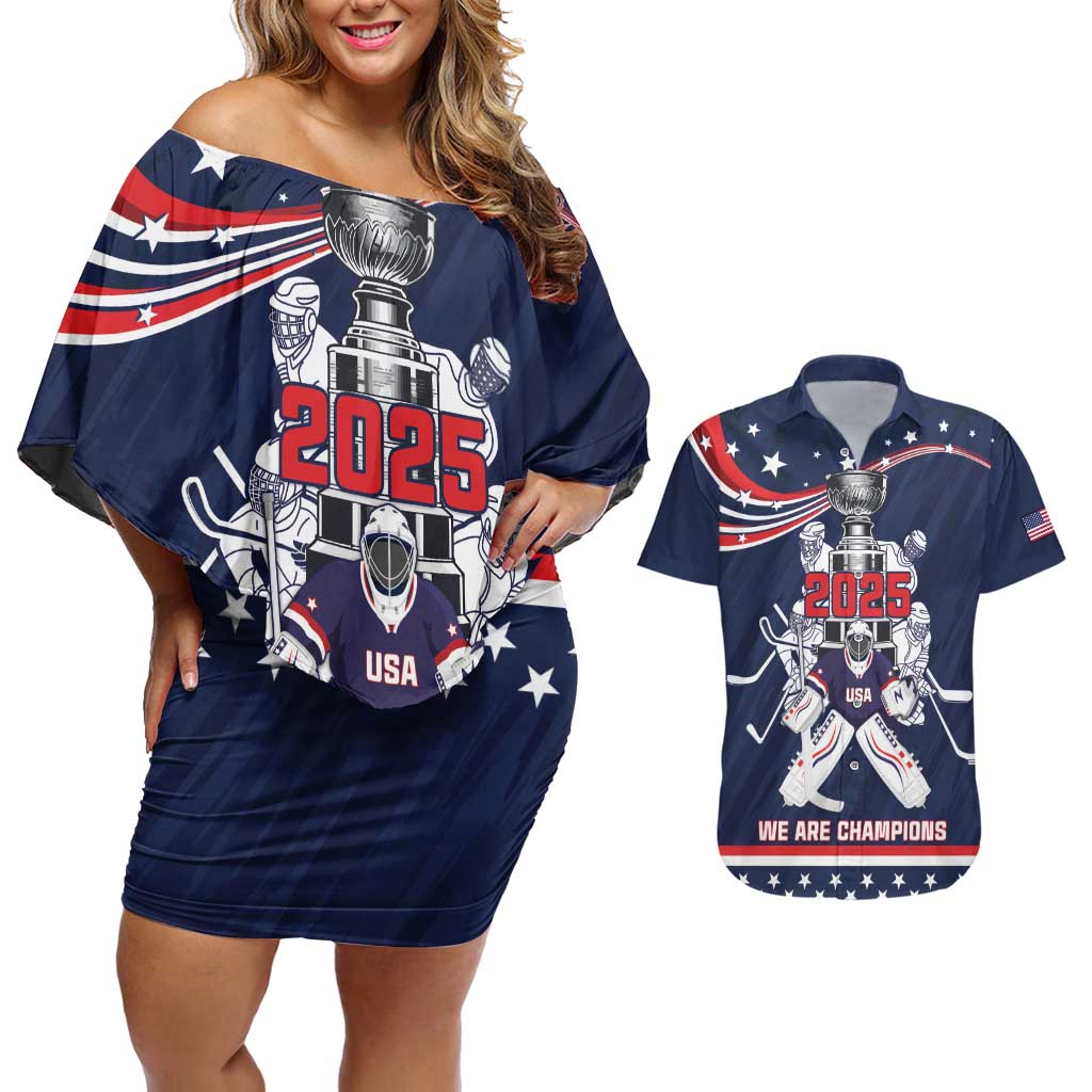 United States Ice Hockey Couples Matching Off Shoulder Short Dress and Hawaiian Shirt USA We Are Champions 2025