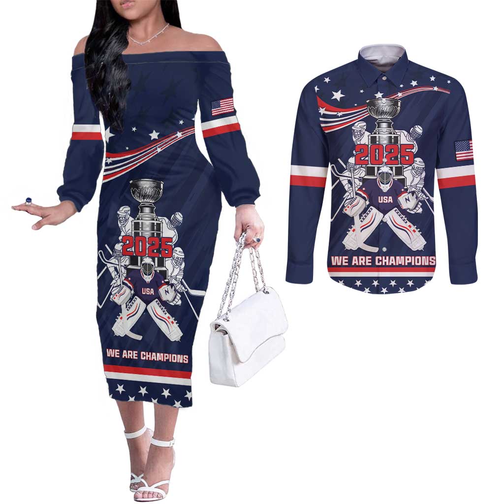 United States Ice Hockey Couples Matching Off The Shoulder Long Sleeve Dress and Long Sleeve Button Shirt USA We Are Champions 2025