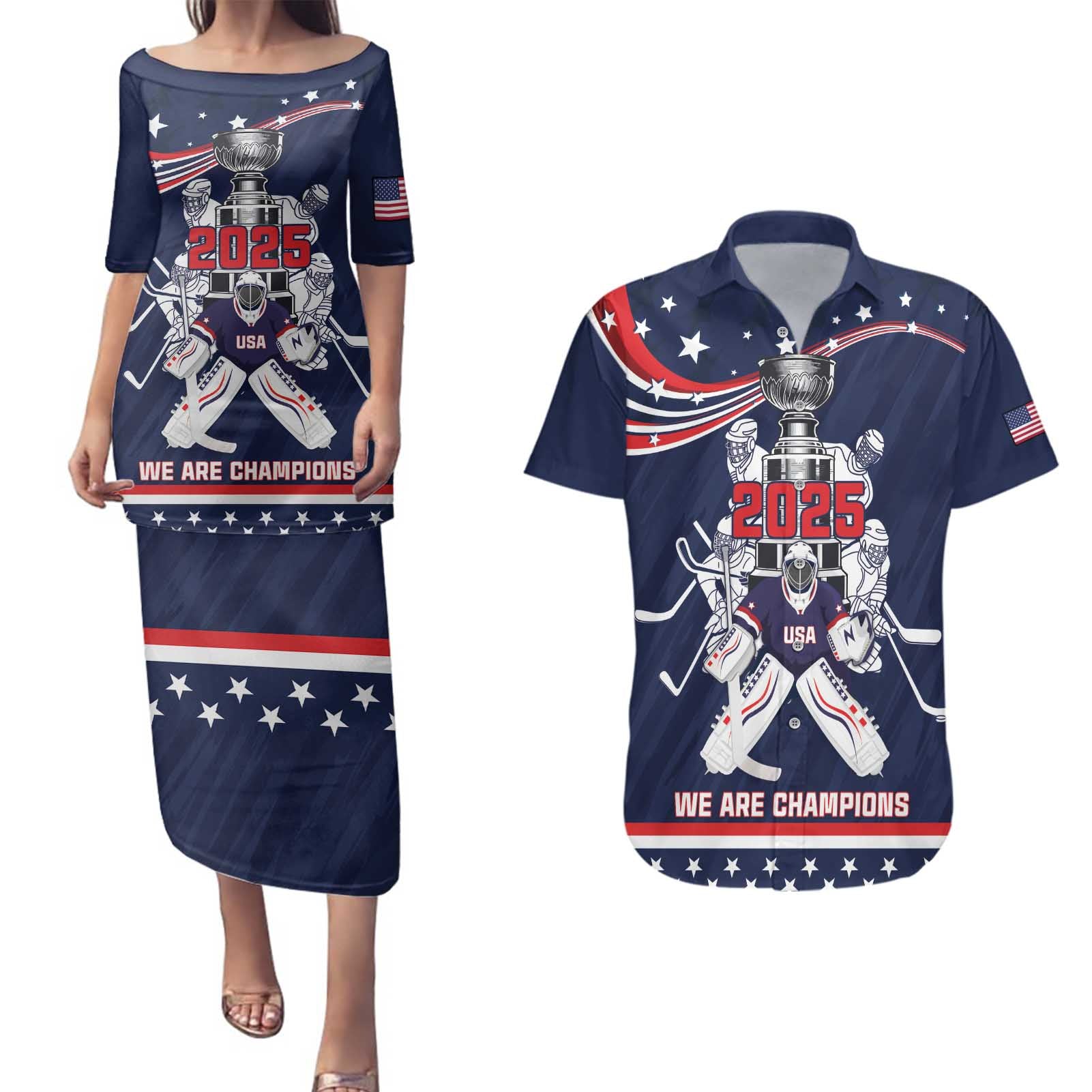 United States Ice Hockey Couples Matching Puletasi and Hawaiian Shirt USA We Are Champions 2025