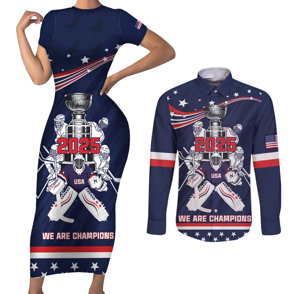 United States Ice Hockey Couples Matching Short Sleeve Bodycon Dress and Long Sleeve Button Shirt USA We Are Champions 2025