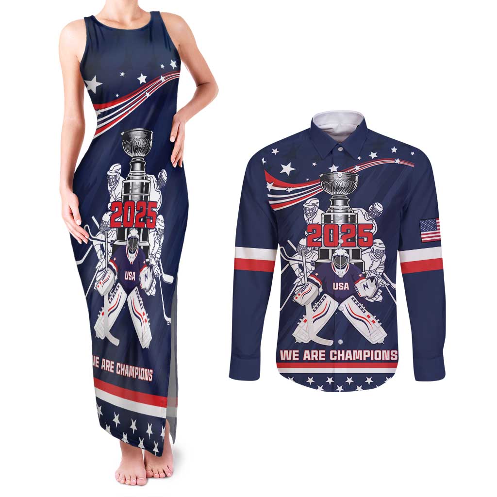 United States Ice Hockey Couples Matching Tank Maxi Dress and Long Sleeve Button Shirt USA We Are Champions 2025