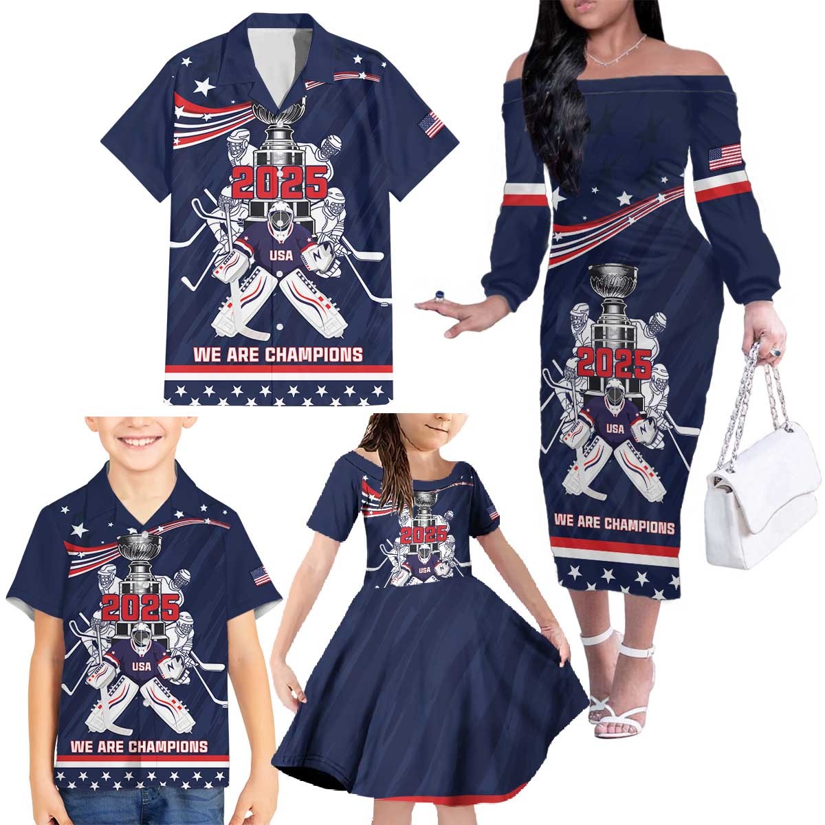 United States Ice Hockey Family Matching Off The Shoulder Long Sleeve Dress and Hawaiian Shirt USA We Are Champions 2025