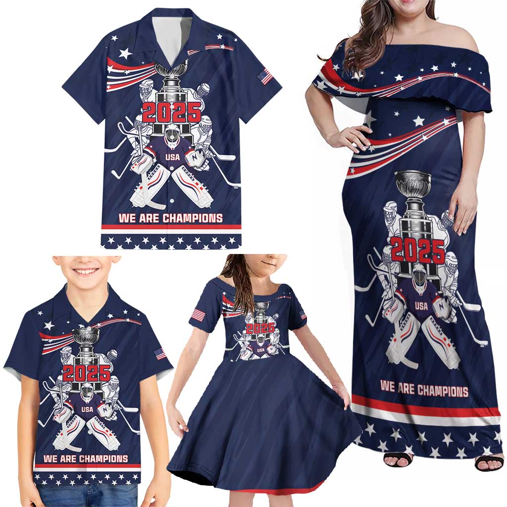 United States Ice Hockey Family Matching Off Shoulder Maxi Dress and Hawaiian Shirt USA We Are Champions 2025