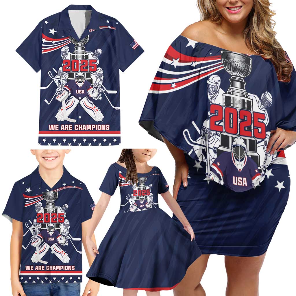 United States Ice Hockey Family Matching Off Shoulder Short Dress and Hawaiian Shirt USA We Are Champions 2025