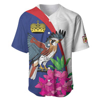Baseball jersey in blue/white with red stripe, bird crest, pink alpine roses