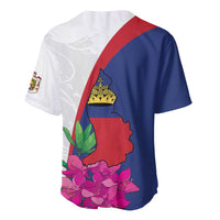 Back baseball jersey in white, blue, red diagonal stripe with crown emblem and roses