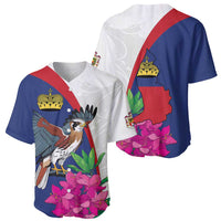 Baseball jersey set showing front and back: blue/white with red stripe, bird crest, roses