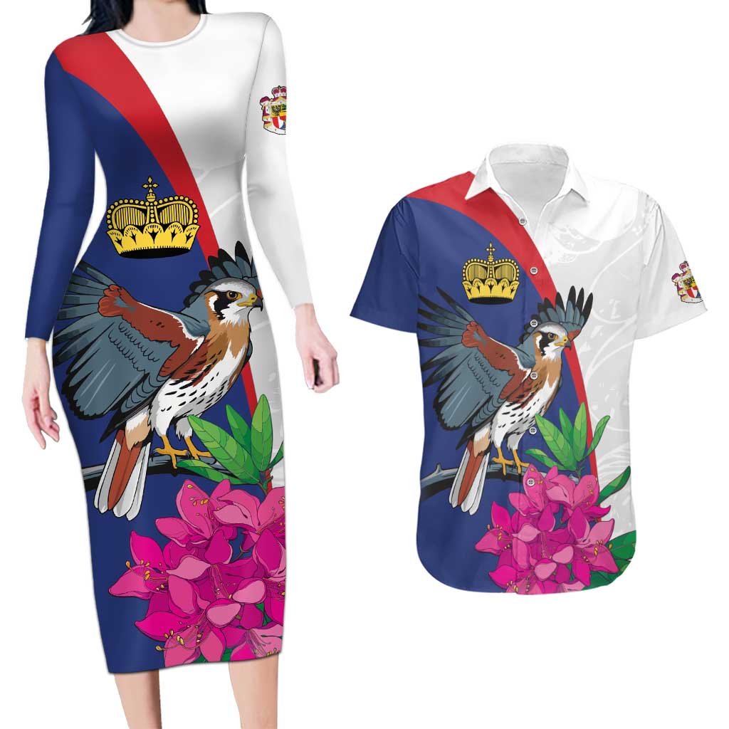 Furstentum Liechtenstein Couples Matching Long Sleeve Bodycon Dress and Hawaiian Shirt Kestrel With Alpine Rose Flower