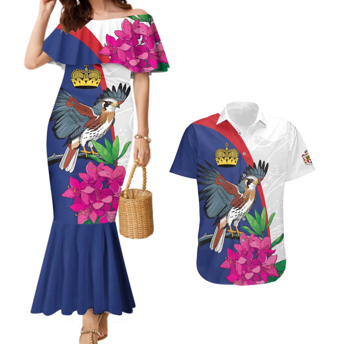 Furstentum Liechtenstein Couples Matching Mermaid Dress and Hawaiian Shirt Kestrel With Alpine Rose Flower