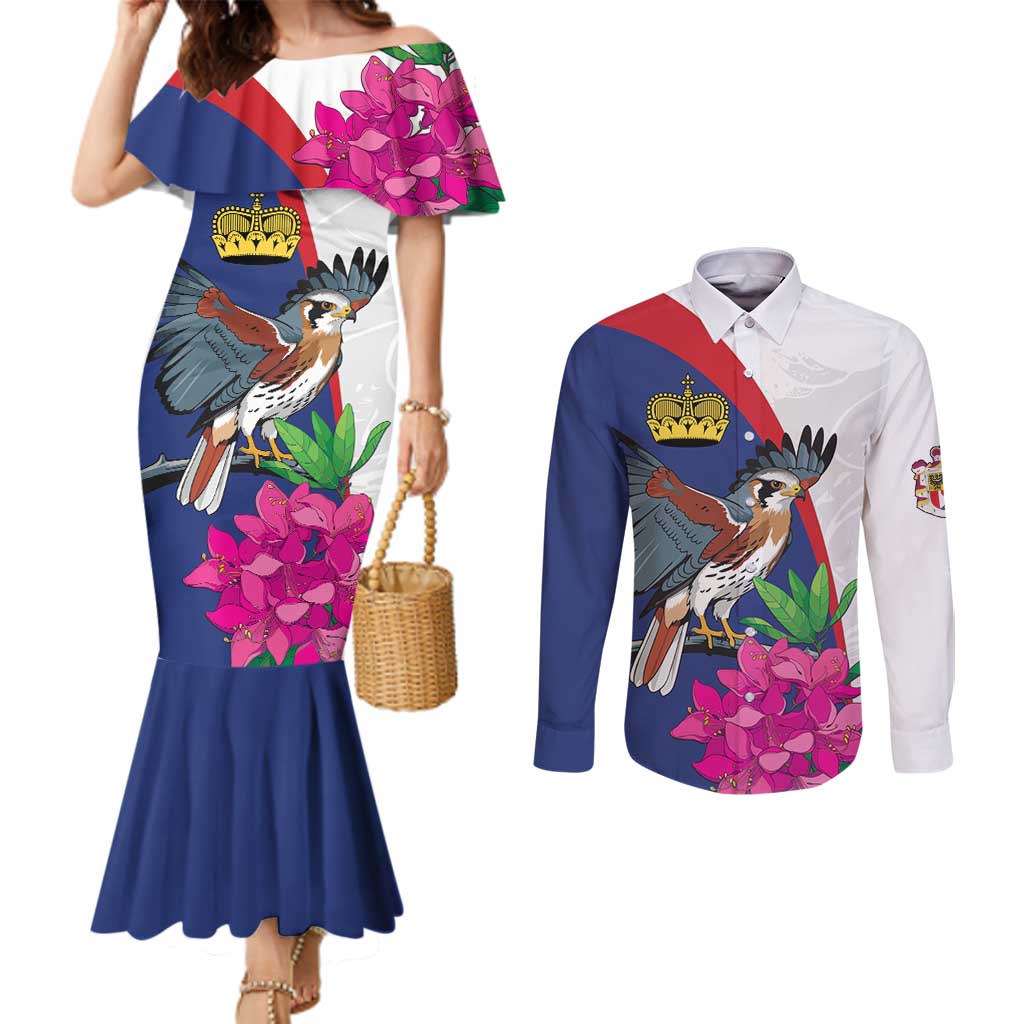 Furstentum Liechtenstein Couples Matching Mermaid Dress and Long Sleeve Button Shirt Kestrel With Alpine Rose Flower