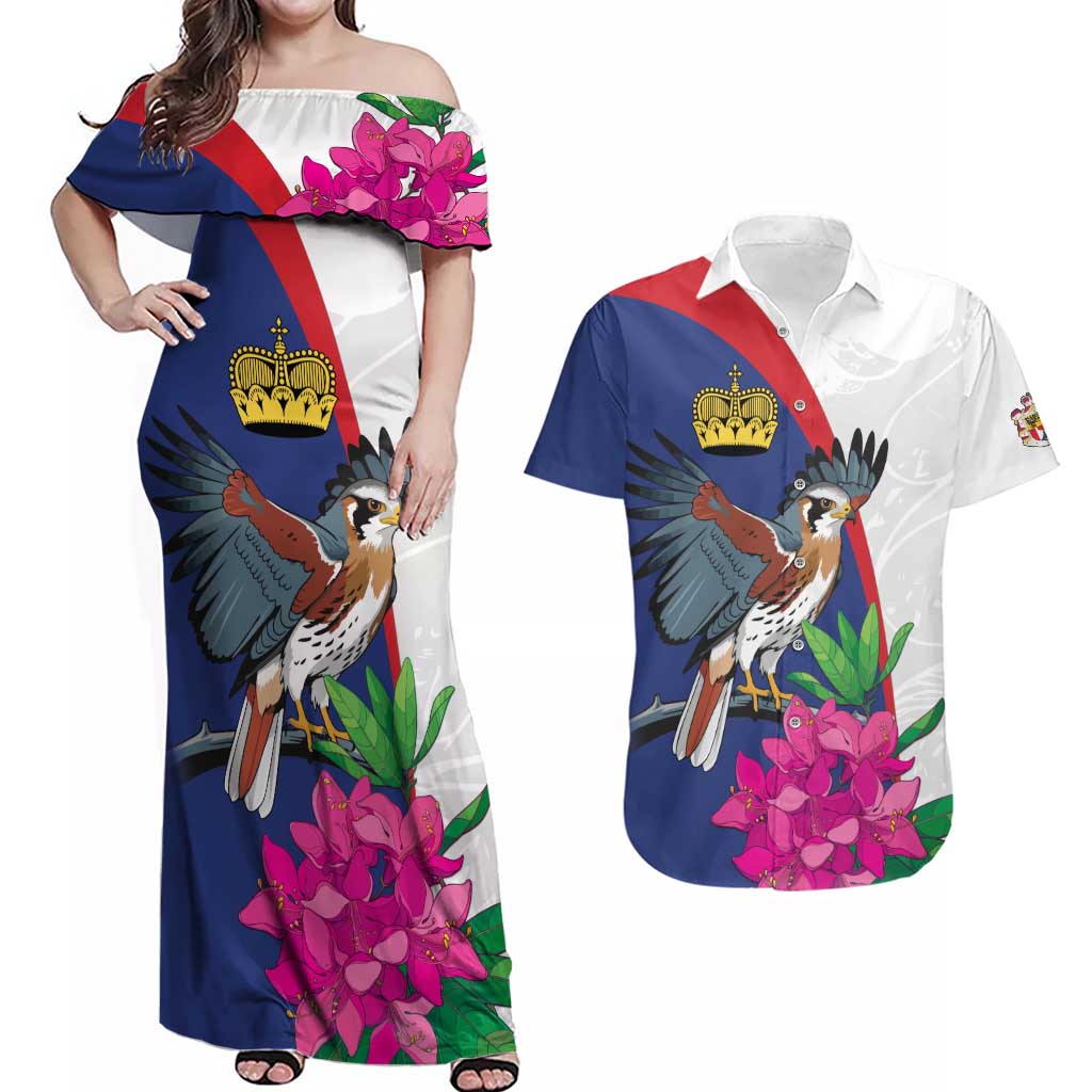 Furstentum Liechtenstein Couples Matching Off Shoulder Maxi Dress and Hawaiian Shirt Kestrel With Alpine Rose Flower