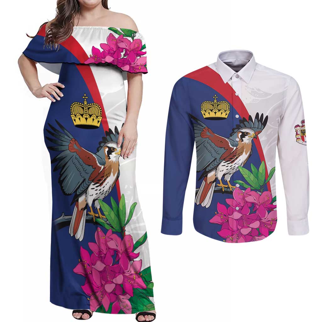 Furstentum Liechtenstein Couples Matching Off Shoulder Maxi Dress and Long Sleeve Button Shirt Kestrel With Alpine Rose Flower