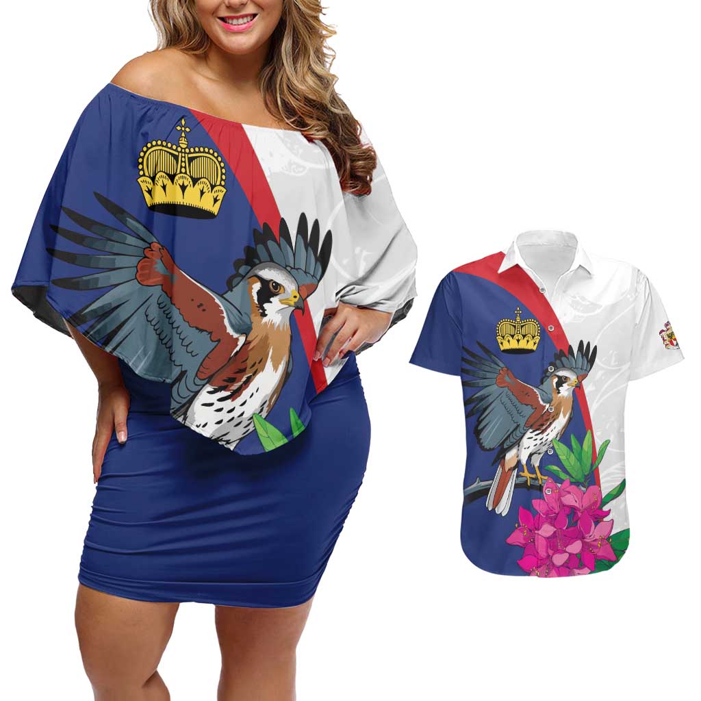 Furstentum Liechtenstein Couples Matching Off Shoulder Short Dress and Hawaiian Shirt Kestrel With Alpine Rose Flower